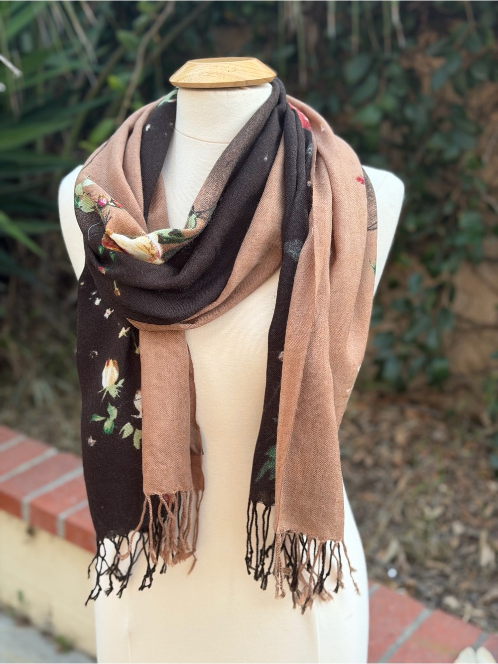 Cejon Floral Two-Tone Black & Brown Fringe Wrap Scarf